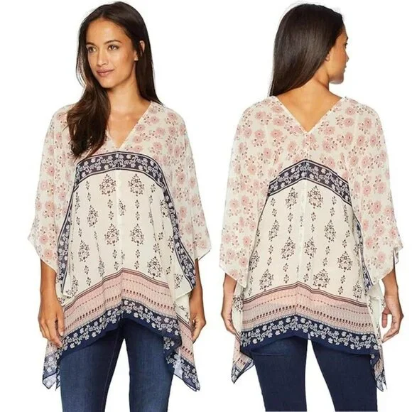 Bohemian Floral Print Womens Poncho Top With V-Neck & Asymmetrical Hemline Light - Picture 1 of 8